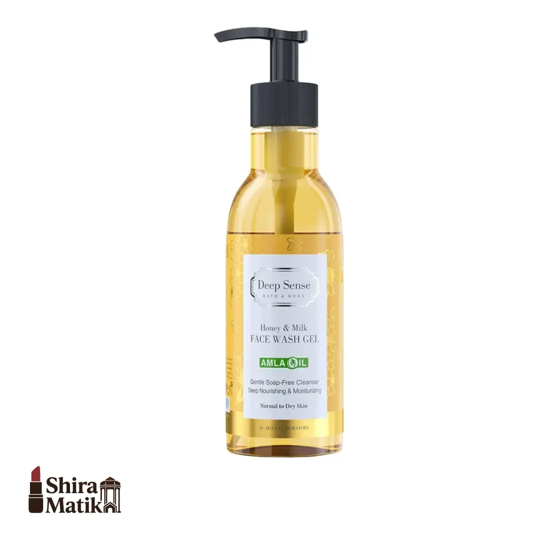 ژل شست_وشوی صورت دیپ سنس، سازگار با پوست_های خشک، حاوی عصاره عسل و روغن آملا، دارای هیالورونیک اسید با خاصیت مرطوب_کنندگی، نرم_کننده، شفاف